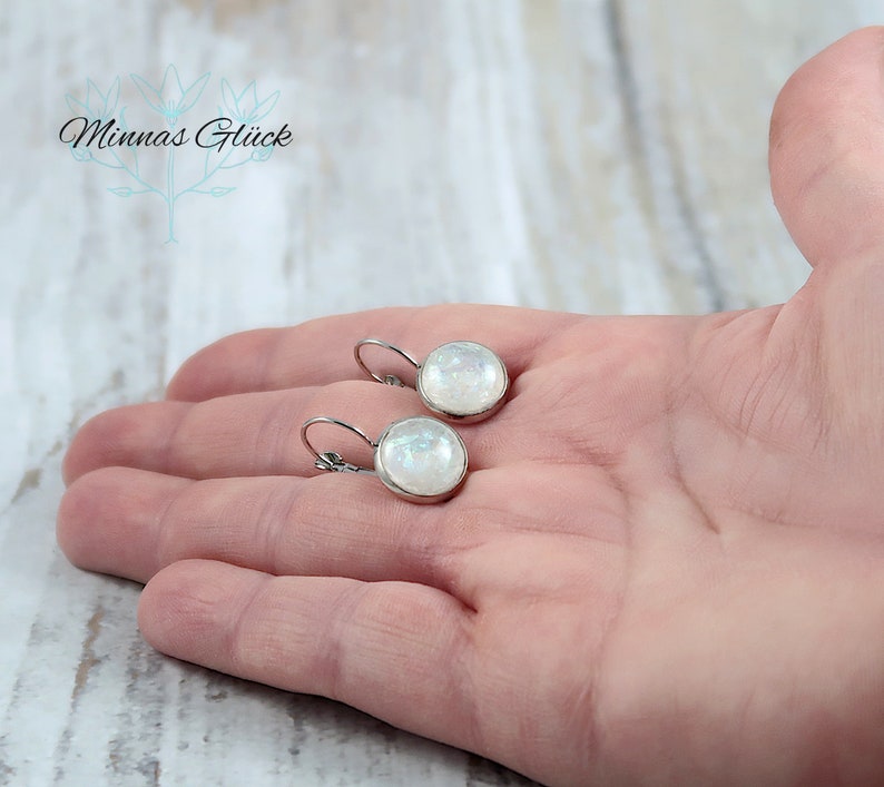 elegant earrings, hanging earrings silver colors, cabochon earrings, mother-of-pearl earrings, unusual gifts for women, resin earrings image 5