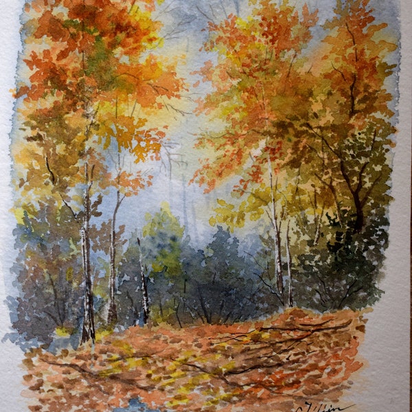 Aquarelle Brouillard d'automne Automne Paysage Idée cadeau Watercolor autumn