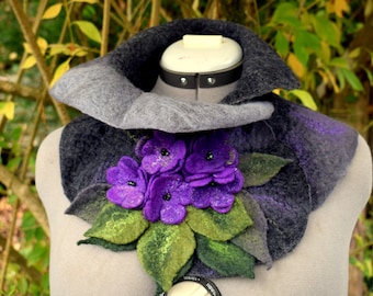 Felted wool collar Collar with purple flowers Wool collar scarf Collar felted wool Collar with purple flowers