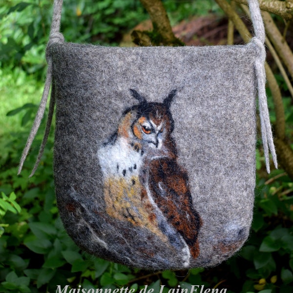 Sac Hibou en laine feutrée Sac en laine feutrée Sac Hibou  Sac Chouette Sac en laine Sac gris  Idée cadeau Bag felt wool owl