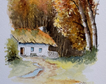 Watercolor Deep in the woods Mountain landscape Autumn French countryside Landscape of France Gift idea