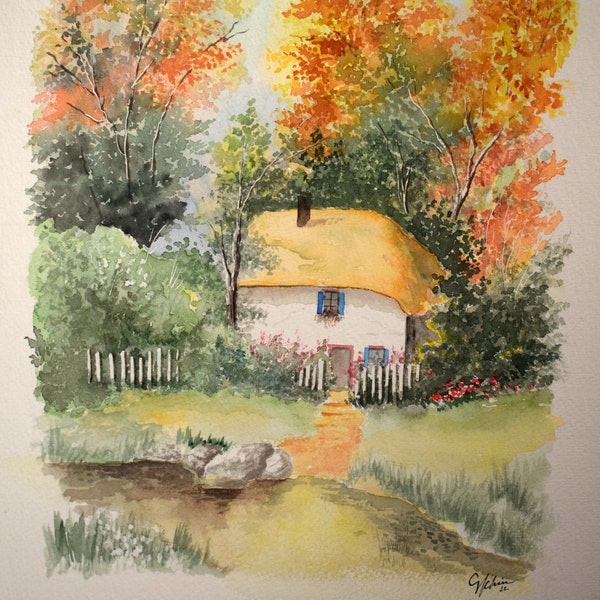 Aquarelle Paysage Automne Campagne  Paysage Idée cadeau