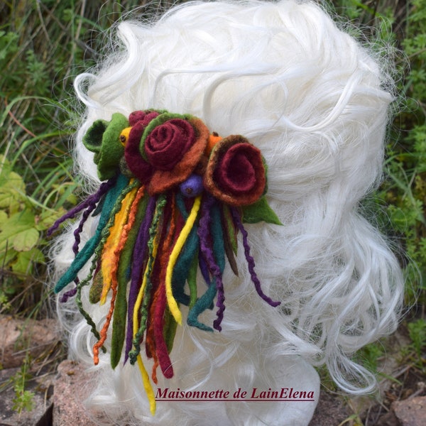 Barrette à cheveux avec roses en laine feutrée Barrette à cheveux Roses couleur automne Accessoire de coiffure Barrette Flowers wool