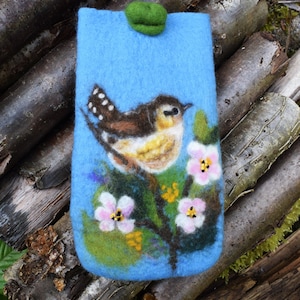 Étui pour smartphone/lunettes  ou autres en laine feutrée Pochette feutré Oiseau  Idée cadeau Felt wool glasses case Bird