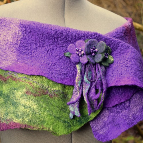 Felted wool shops scarf Merino scarf felted wool scarf with purple brooch Scarf felted wool