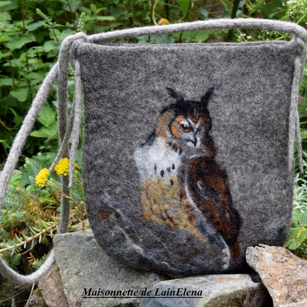 Sac Hibou en laine feutrée Sac en laine feutrée Sac Hibou  Sac Chouette Sac en laine Sac gris  Idée cadeau Bag felt wool owl