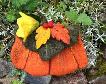 Pochette en laine feutrée Étui Citrouille Sac  en laine Potiron en laine feutrée Felt wool purse Pumpkin