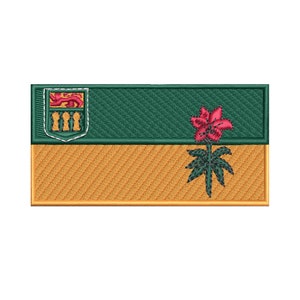 May include: An embroidered patch in green and gold, depicting the coat of arms of Alberta, Canada. The coat of arms is a shield with a lion and three pillars. The patch also features a red lily flower.