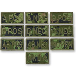 May include: Ten camouflage fabric patches with white text. The patches read: A POS, A NEG, O POS, B POS, B NEG, O NEG, AB POS, AB NEG, NO PEN, NKDA.
