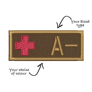 First Aid Kit Pouch Badge | Measures 1.5&quot; x 3.75, identifies blood type, attach to gear or clothing