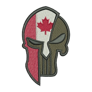 May include: An embroidered patch featuring a skull wearing a Spartan helmet. The helmet is split in half, with the left side displaying the Canadian flag in green and red.