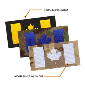 May include: Three Canadian flag patches with different fabric colors. The top patch is black with a yellow Canadian flag. The middle patch is camouflage with a blue Canadian flag. The bottom patch is camouflage with a white Canadian flag.