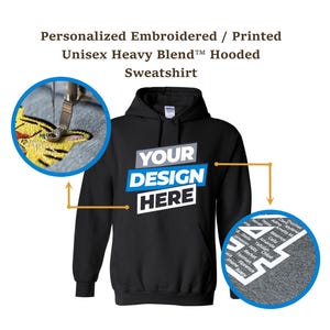 May include: Black unisex heavy blend hooded sweatshirt with the text "YOUR DESIGN HERE" in white and blue. The image shows an embroidered design and a list of names. The sweatshirt is a personalized, printed item.