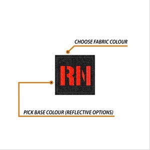 May include: Black fabric patch with the letters "RN" in red. The patch has options for base colour and fabric colour.