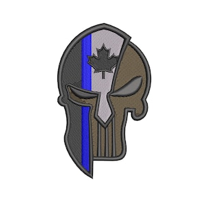Könnte beinhalten: Ein schwarzer und brauner Spartanerhelm mit einer blauen Linie und einem kanadischen Ahornblatt-Design.