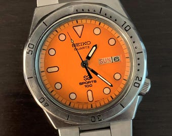 Rare Men's 70's SEIKO SQ Sports 100m Watch Orange Dial