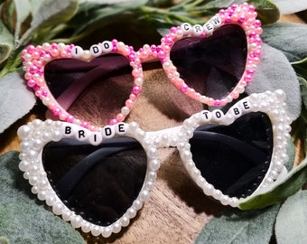 Handcrafted, Retro Bride to Be Heart Sunglasses With Pearls and Pink I Do Crew Sunglasses for Bridesmaids, Bride Tribe, Bride Squad