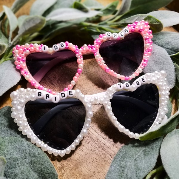 Handcrafted, Retro Bride to Be Heart Sunglasses With Pearls and Pink I Do Crew Sunglasses for Bridesmaids, Bride Tribe, Bride Squad