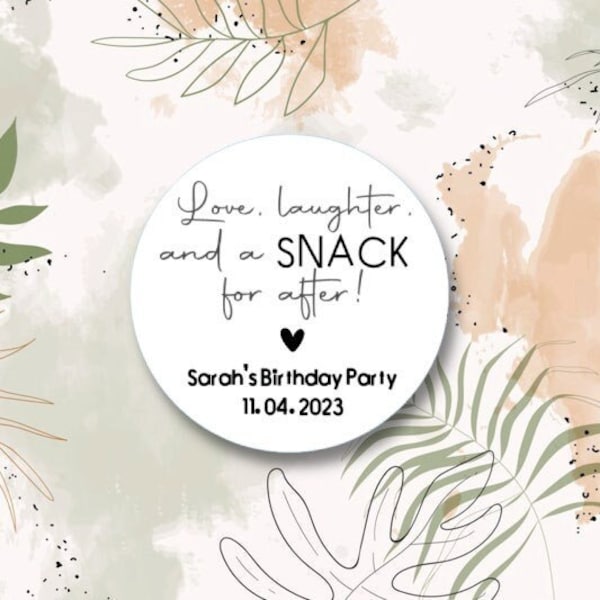 12 PC Love, Laughter, and Snack for After Personalized Sticker Party Favors, Adhesives for Weddings, Bridal Shower, or Anniversary Parties