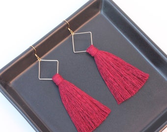 Macrame Tassel Statement Earrings | Merlot Red | Handmade Gift 12kt Gold-Filled Sterling Silver Cotton Fibre | Canada Urban Jungle Design