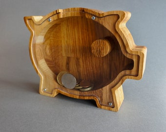 Wooden piggy bank for boys and girls - Dark oak money box - Wooden money bank for kids - Natural organic baby gift