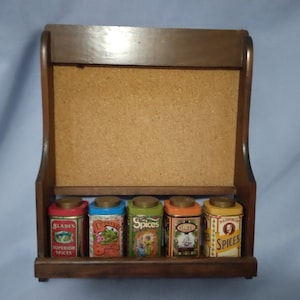 Vtg. Spice Rack with tins and corkboard