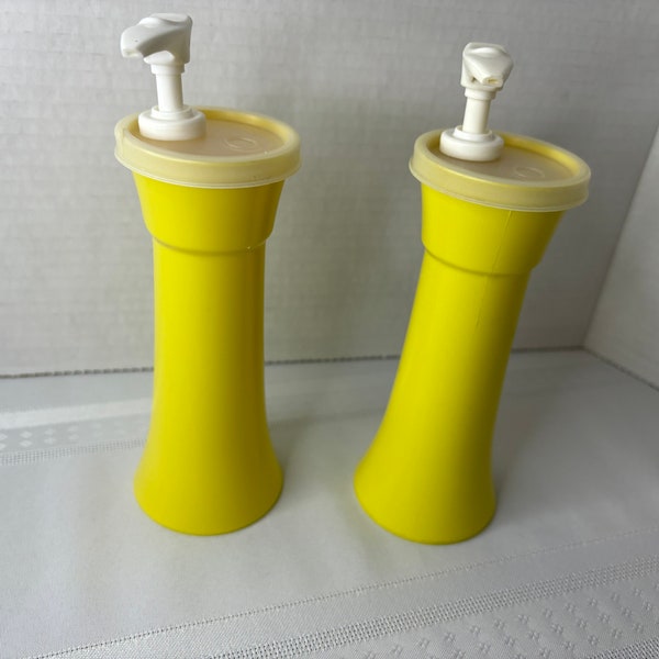 Vtg. Yellow set of 2 Tupperware condiment dispensers retro or soap dispenser