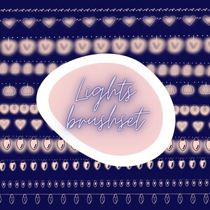 Op de afbeelding: Een set digitale penseel-assets voor het maken van gloeiende lichtslingers in verschillende vormen, waaronder harten, pompoenen, geesten en gloeilampen. De tekst "Lights Brushset" wordt weergegeven in een roze cirkel.