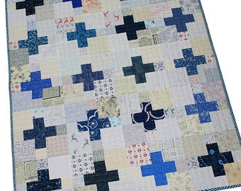 Blue Crosses - Modern Baby Quilt, Toddler Quilt
