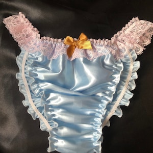 Blue Satin tanga with pink lace and orange bow, for men S- 5XL