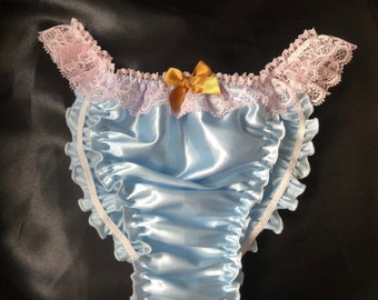 Blue Satin tanga with pink lace and orange bow, for men S- 3XL