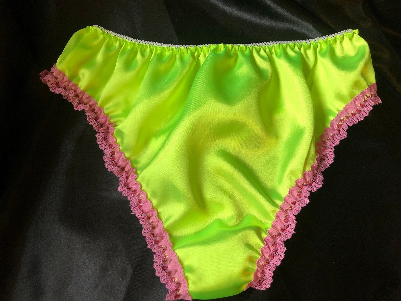 Lime green satin sissy panties Thong with lace trim for men Etsy