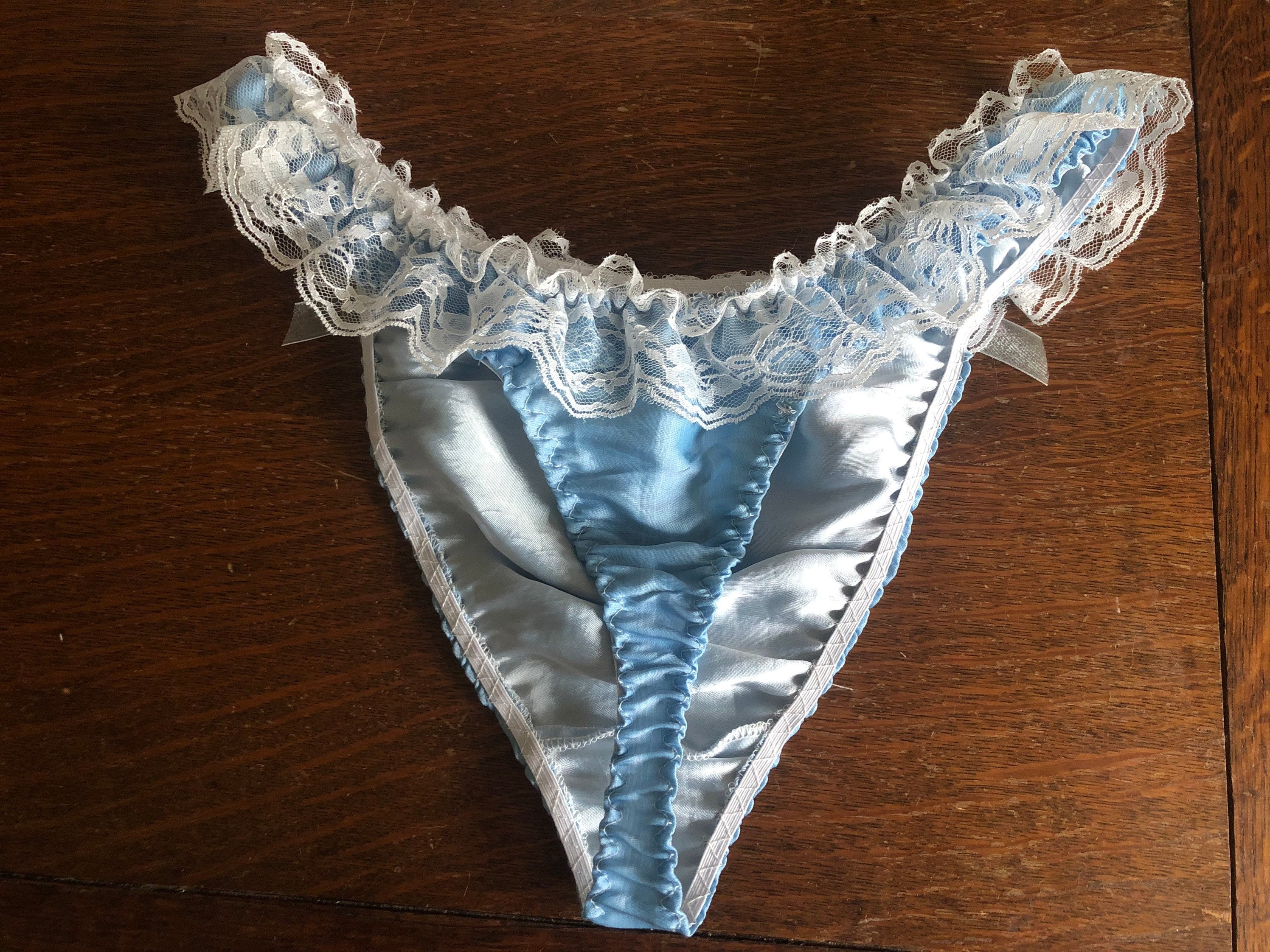 Silky satin sissy panties Gstring Thong white lace and blue Etsy