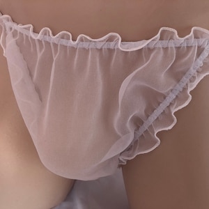 Sheer see through transparent white chiffon men&#39;s panties, frills G-string thong Custom made available