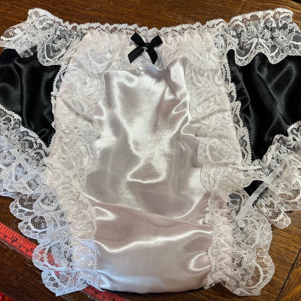 Sissy panties for men black and white satin with white  lace all sizes