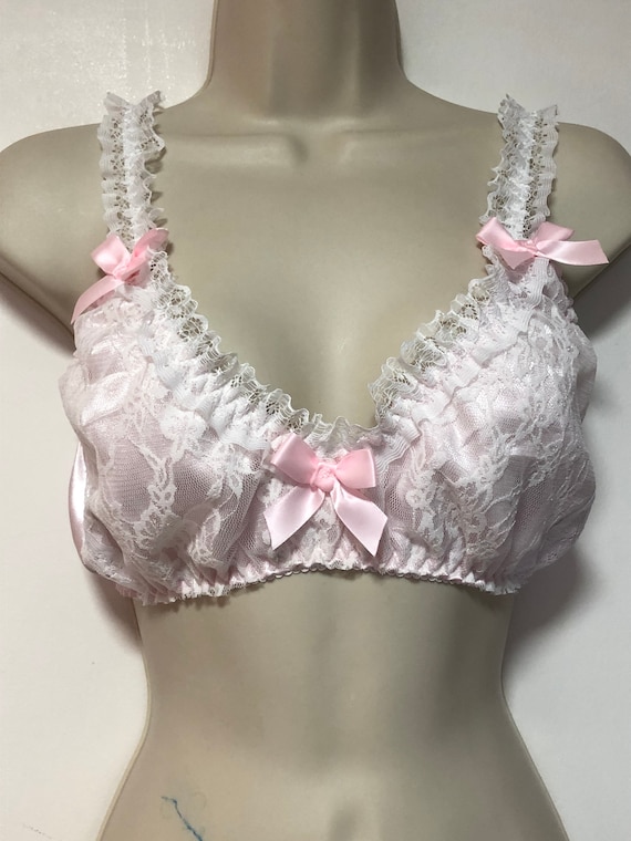 Pink Satin Double Layered, White Lace, Pink Bows Bra for Men 