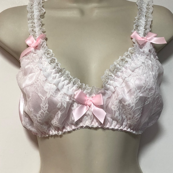Pink satin Double layered, white lace, pink bows bra for men