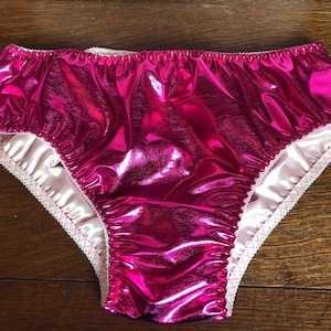 Shiny pink foil lined pink satin bikini panties, all sizes