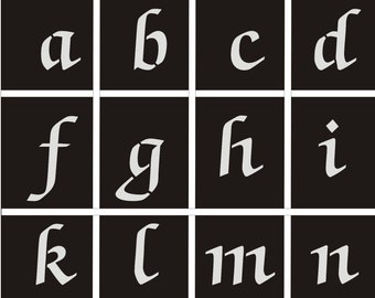 Kleine letters a-z = 4-30 cm, lettertype - ZackSwash Old, stencils, lettertypesjablonen, cursief schrift, muurbelettering, tekstsjablonen,