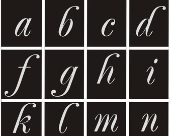 Kleine letters a-z = 4-30 cm, lettertype - dichter, stencils, lettertypesjablonen, cursief schrift, stencils, muurinscripties, tekstsjablonen,