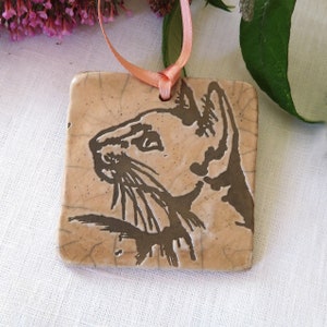 Può includere: Ornamento quadrato in ceramica con un disegno di profilo di gatto marrone su sfondo beige. L'ornamento ha una texture screpolata e un nastro color pesca per appenderlo. I dettagli del gatto sono ben definiti. Misura circa 7 cm.