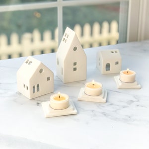 Set of 3 White House tea light holders/Ceramic house/Modern house/house warming gift/night light/mantel deco/center piece idea/gift idea image 3