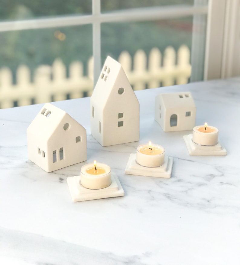 Set of 3 White House tea light holders/Ceramic house/Modern house/house warming gift/night light/mantel deco/center piece idea/gift idea image 3