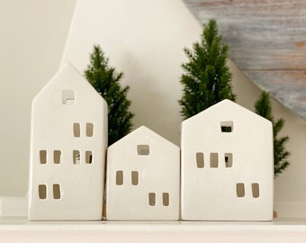 Set of 3 ceramic house tea light candle holder/Pencil holder/Nordic houses/Gift for teacher/Mantel deco/Center piece/Office Deco