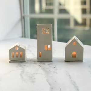 Set of 3 White House tea light holders/Ceramic house/Modern house/house warming gift/night light/mantel deco/center piece idea/gift idea image 2