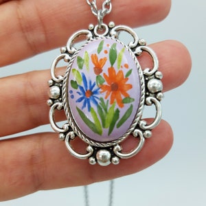 Hand-decorated purple lilac ceramic cameo, ceramic pendant with steel chain