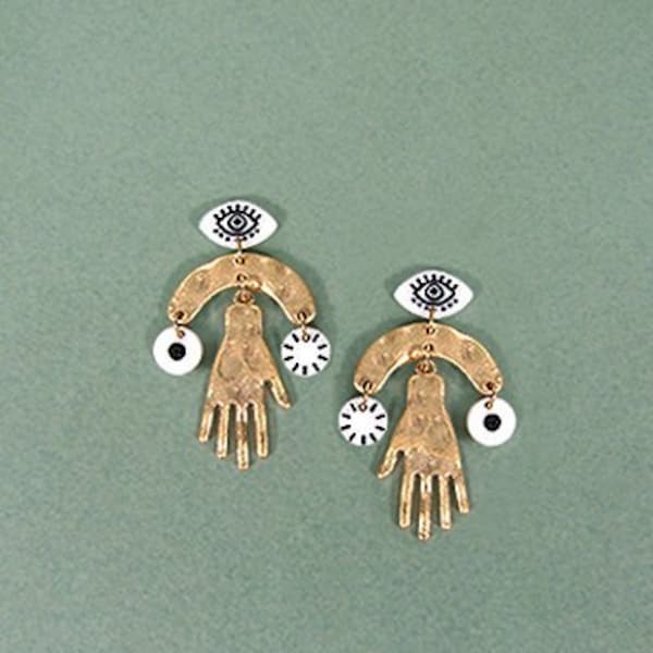 Pendientes de ojo turco, pendientes de mano martillada, pendientes de acetato cortados con láser, pendientes colgantes de poste