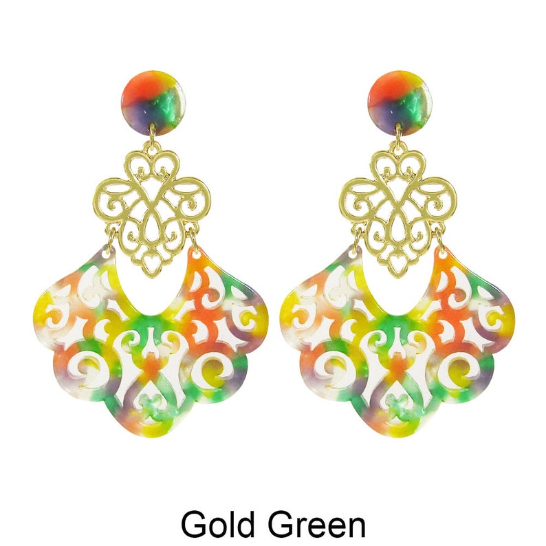 Acetate Resin Floral Filigree Dangle Post Earrings