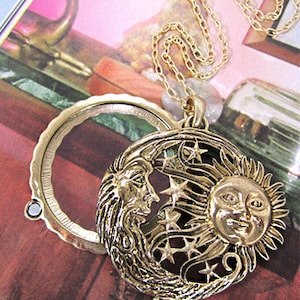 Moon & Sun  6 Times Magnifier Magnifying Glass Top Sliding Magnet Pendant Necklace, 30 inch plus 3 inch