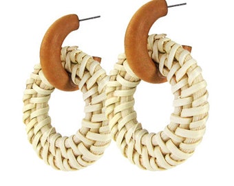 Rattan Earring, Hand Woven Earring, Natural Woven earring, Straw earring, Round Hook Earrings
